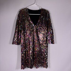 Zara V-neck Multicolor Sequin Mini Party Dress Size Medium